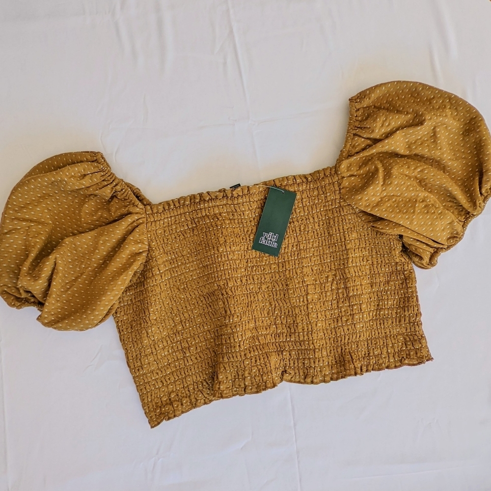 wild fable Mustard Yellow Smocked Puff Sleeve Crop Top